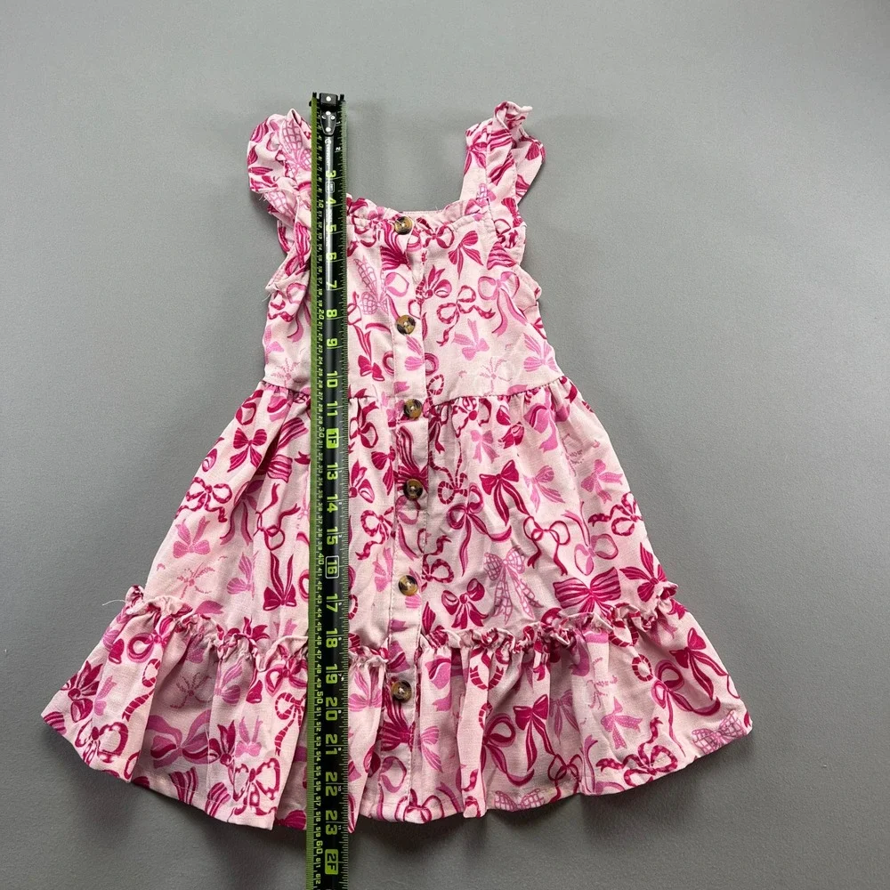 Nannette A Line Dress Girls 5 Pink All Over Bow Print Ruffle Shoulder Straps